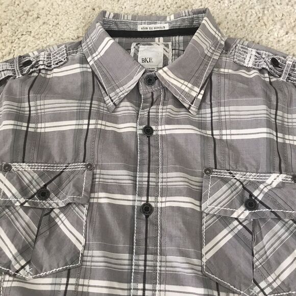 BKE Shirt Mens Long Sleeve Size XXL Slim Fit Stretch Gray Plaid Metal Button - Picture 3 of 7
